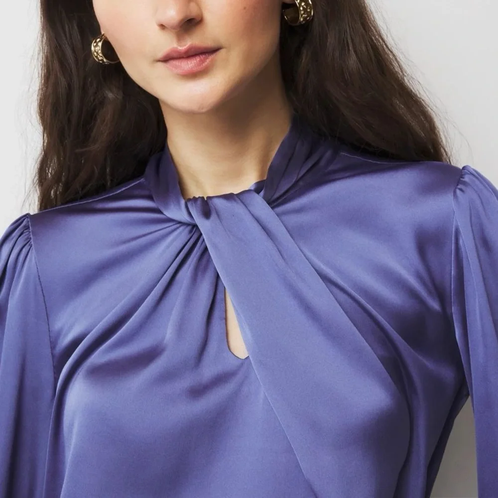 WHBM Chic Royal Blue Long Sleeve Twisted Neck Satin Blouse size 4 - Picture 10 of 15